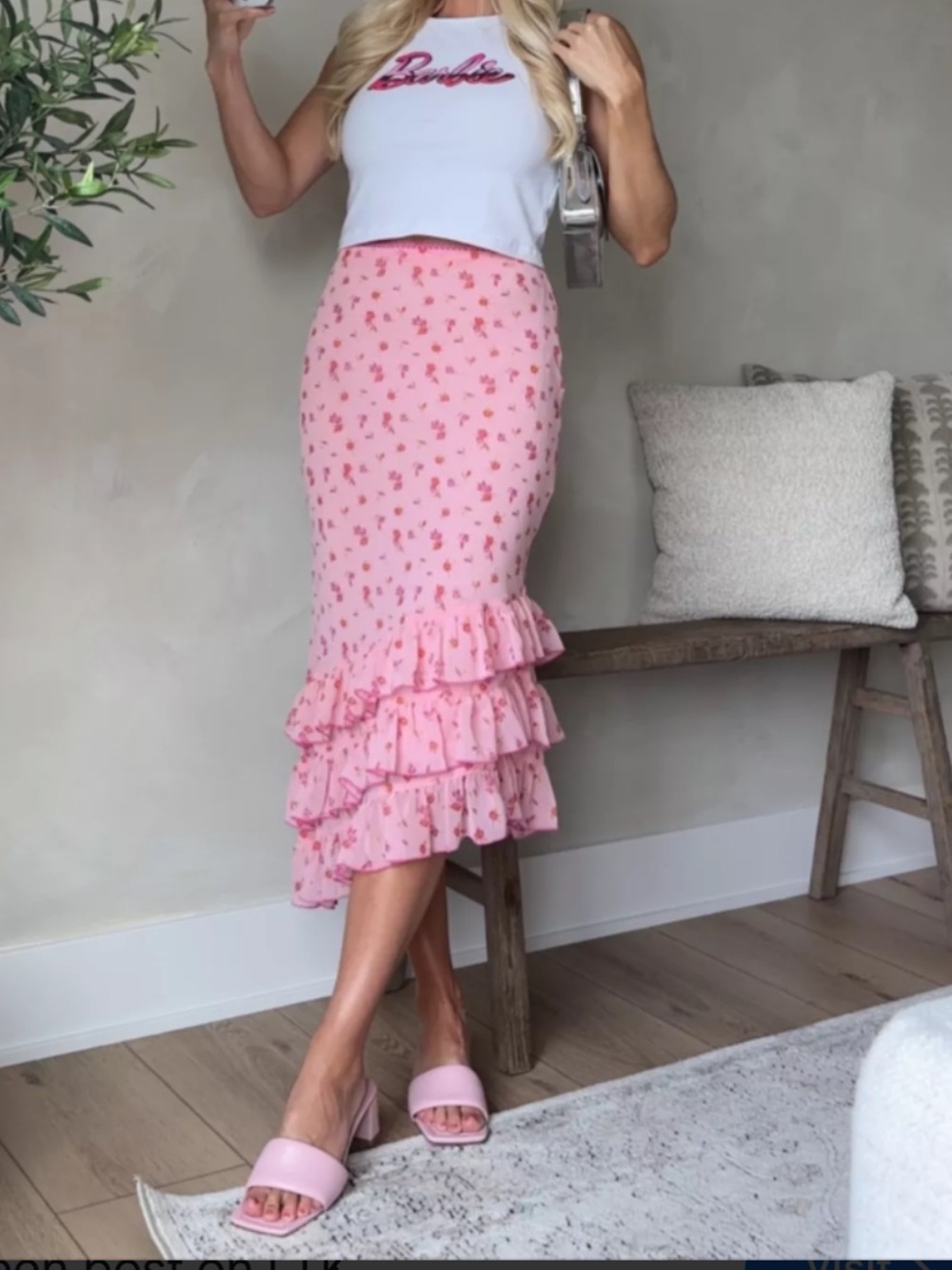 UO Kimchi Blue Lenora Chiffon Ruffle Midi Pink Floral Midi Skirt
